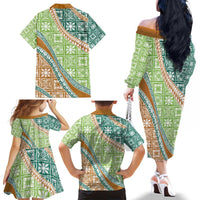 Hawaiian Quilt Pattern Family Matching Off The Shoulder Long Sleeve Dress and Hawaiian Shirt Green Chestnut Color Mixed - Polynesian Pride