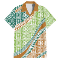 Hawaiian Quilt Pattern Family Matching Off The Shoulder Long Sleeve Dress and Hawaiian Shirt Green Chestnut Color Mixed - Polynesian Pride