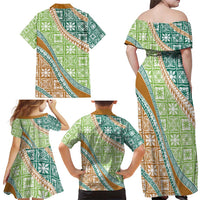 Hawaiian Quilt Pattern Family Matching Off Shoulder Maxi Dress and Hawaiian Shirt Green Chestnut Color Mixed - Polynesian Pride
