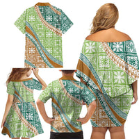 Hawaiian Quilt Pattern Family Matching Off Shoulder Short Dress and Hawaiian Shirt Green Chestnut Color Mixed - Polynesian Pride
