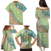 Hawaiian Quilt Pattern Family Matching Puletasi and Hawaiian Shirt Green Chestnut Color Mixed - Polynesian Pride