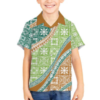Hawaiian Quilt Pattern Family Matching Puletasi and Hawaiian Shirt Green Chestnut Color Mixed - Polynesian Pride