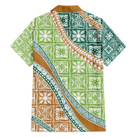 Hawaiian Quilt Pattern Family Matching Summer Maxi Dress and Hawaiian Shirt Green Chestnut Color Mixed - Polynesian Pride