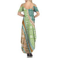 Hawaiian Quilt Pattern Family Matching Summer Maxi Dress and Hawaiian Shirt Green Chestnut Color Mixed - Polynesian Pride
