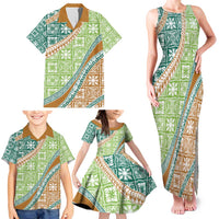 Hawaiian Quilt Pattern Family Matching Tank Maxi Dress and Hawaiian Shirt Green Chestnut Color Mixed - Polynesian Pride