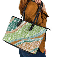 Hawaiian Quilt Pattern Leather Tote Bag Green Chestnut Color Mixed - Polynesian Pride