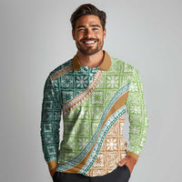 Hawaiian Quilt Pattern Long Sleeve Polo Shirt Green Chestnut Color Mixed - Polynesian Pride