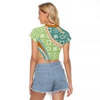 Hawaiian Quilt Pattern Raglan Cropped T Shirt Green Chestnut Color Mixed - Polynesian Pride