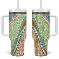 Hawaiian Quilt Pattern Tumbler With Handle Green Chestnut Color Mixed - Polynesian Pride