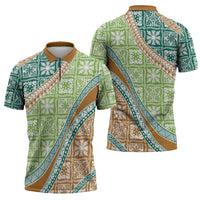 Hawaiian Quilt Pattern Zipper Polo Shirt Green Chestnut Color Mixed - Polynesian Pride