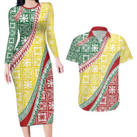 Hawaiian Quilt Pattern Couples Matching Long Sleeve Bodycon Dress and Hawaiian Shirt Special Color Mixed - Polynesian Pride