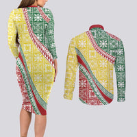 Hawaiian Quilt Pattern Couples Matching Long Sleeve Bodycon Dress and Long Sleeve Button Shirt Special Color Mixed - Polynesian Pride