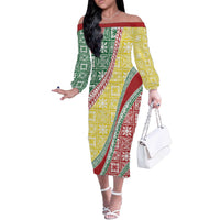 Hawaiian Quilt Pattern Off The Shoulder Long Sleeve Dress Special Color Mixed - Polynesian Pride
