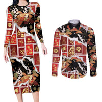 Hawaii Japanese Culture Black Couples Matching Long Sleeve Bodycon Dress and Long Sleeve Button Shirt Spring Cranes Aloha Pattern LT01 Black - Polynesian Pride
