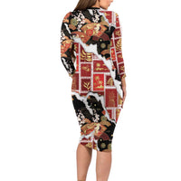 Hawaii Japanese Culture Black Family Matching Long Sleeve Bodycon Dress and Hawaiian Shirt Spring Cranes Aloha Pattern