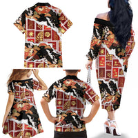 Hawaii Japanese Culture Black Family Matching Off The Shoulder Long Sleeve Dress and Hawaiian Shirt Spring Cranes Aloha Pattern