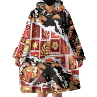 Hawaii Japanese Culture Black Wearable Blanket Hoodie Spring Cranes Aloha Pattern