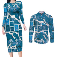 Hawaii Japanese Culture Blue Couples Matching Long Sleeve Bodycon Dress and Long Sleeve Button Shirt Spring Cranes Aloha Pattern LT01 Blue - Polynesian Pride