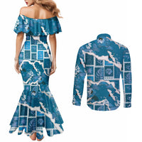 Hawaii Japanese Culture Blue Couples Matching Mermaid Dress and Long Sleeve Button Shirt Spring Cranes Aloha Pattern