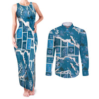 Hawaii Japanese Culture Blue Couples Matching Tank Maxi Dress and Long Sleeve Button Shirt Spring Cranes Aloha Pattern