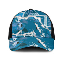 Hawaii Japanese Culture Blue Mesh Trucker Cap Spring Cranes Aloha Pattern