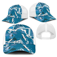 Hawaii Japanese Culture Blue Mesh Trucker Cap Spring Cranes Aloha Pattern