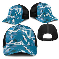 Hawaii Japanese Culture Blue Mesh Trucker Cap Spring Cranes Aloha Pattern