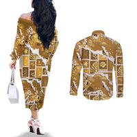 Hawaii Japanese Culture Gold Couples Matching Off The Shoulder Long Sleeve Dress and Long Sleeve Button Shirt Spring Cranes Aloha Pattern LT01 - Polynesian Pride