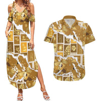 Hawaii Japanese Culture Gold Couples Matching Summer Maxi Dress and Hawaiian Shirt Spring Cranes Aloha Pattern LT01 Gold - Polynesian Pride