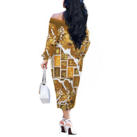 Hawaii Japanese Culture Gold Off The Shoulder Long Sleeve Dress Spring Cranes Aloha Pattern