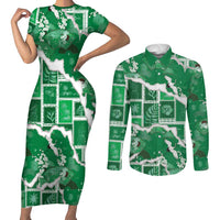 Hawaii Japanese Culture Green Couples Matching Short Sleeve Bodycon Dress and Long Sleeve Button Shirt Spring Cranes Aloha Pattern LT01 Green - Polynesian Pride