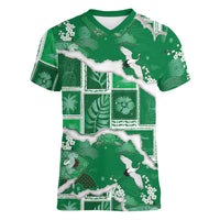 Hawaii Japanese Culture Green Women V-Neck T-Shirt Spring Cranes Aloha Pattern