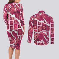 Hawaii Japanese Culture Pink Couples Matching Long Sleeve Bodycon Dress and Long Sleeve Button Shirt Spring Cranes Aloha Pattern LT01 - Polynesian Pride