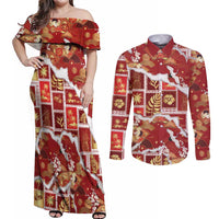 Hawaii Japanese Culture Red Couples Matching Off Shoulder Maxi Dress and Long Sleeve Button Shirt Spring Cranes Aloha Pattern