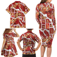 Hawaii Japanese Culture Red Family Matching Long Sleeve Bodycon Dress and Hawaiian Shirt Spring Cranes Aloha Pattern