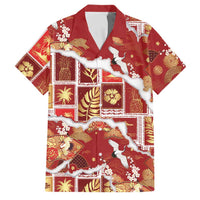Hawaii Japanese Culture Red Family Matching Off The Shoulder Long Sleeve Dress and Hawaiian Shirt Spring Cranes Aloha Pattern