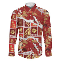 Hawaii Japanese Culture Red Family Matching Off Shoulder Short Dress and Hawaiian Shirt Spring Cranes Aloha Pattern LT01 Dad's Shirt - Long Sleeve Red - Polynesian Pride