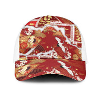 Hawaii Japanese Culture Red Mesh Trucker Cap Spring Cranes Aloha Pattern