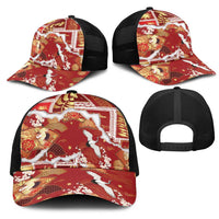 Hawaii Japanese Culture Red Mesh Trucker Cap Spring Cranes Aloha Pattern