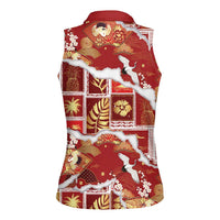 Hawaii Japanese Culture Red Women Sleeveless Polo Shirt Spring Cranes Aloha Pattern