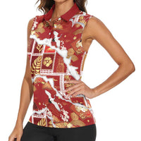 Hawaii Japanese Culture Red Women Sleeveless Polo Shirt Spring Cranes Aloha Pattern