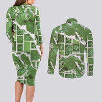 Hawaii Japanese Culture Sage Green Couples Matching Long Sleeve Bodycon Dress and Long Sleeve Button Shirt Spring Cranes Aloha Pattern LT01 - Polynesian Pride