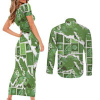 Hawaii Japanese Culture Sage Green Couples Matching Short Sleeve Bodycon Dress and Long Sleeve Button Shirt Spring Cranes Aloha Pattern LT01 - Polynesian Pride