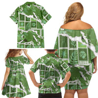 Hawaii Japanese Culture Sage Green Family Matching Off Shoulder Short Dress and Hawaiian Shirt Spring Cranes Aloha Pattern
