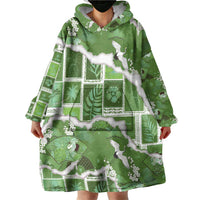 Hawaii Japanese Culture Sage Green Wearable Blanket Hoodie Spring Cranes Aloha Pattern