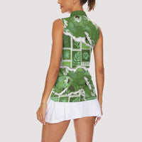 Hawaii Japanese Culture Sage Green Women Sleeveless Polo Shirt Spring Cranes Aloha Pattern LT01 - Polynesian Pride