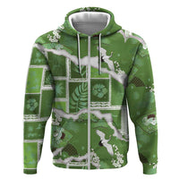 Hawaii Japanese Culture Sage Green Zip Hoodie Spring Cranes Aloha Pattern