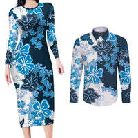 Blue Hibiscus Plumeria Floral Couples Matching Long Sleeve Bodycon Dress and Long Sleeve Button Shirt LT01 Blue - Polynesian Pride