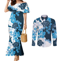 Blue Hibiscus Plumeria Floral Couples Matching Mermaid Dress and Long Sleeve Button Shirt LT01 Blue - Polynesian Pride