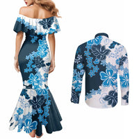 Blue Hibiscus Plumeria Floral Couples Matching Mermaid Dress and Long Sleeve Button Shirt LT01 - Polynesian Pride